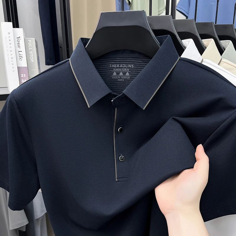 2026 Summer Luxury Top Men T-Shirt Plus Size Short Sleeve Turn Down Collar Contrast Trim Collar Formal T Shirt for Mens Clothing