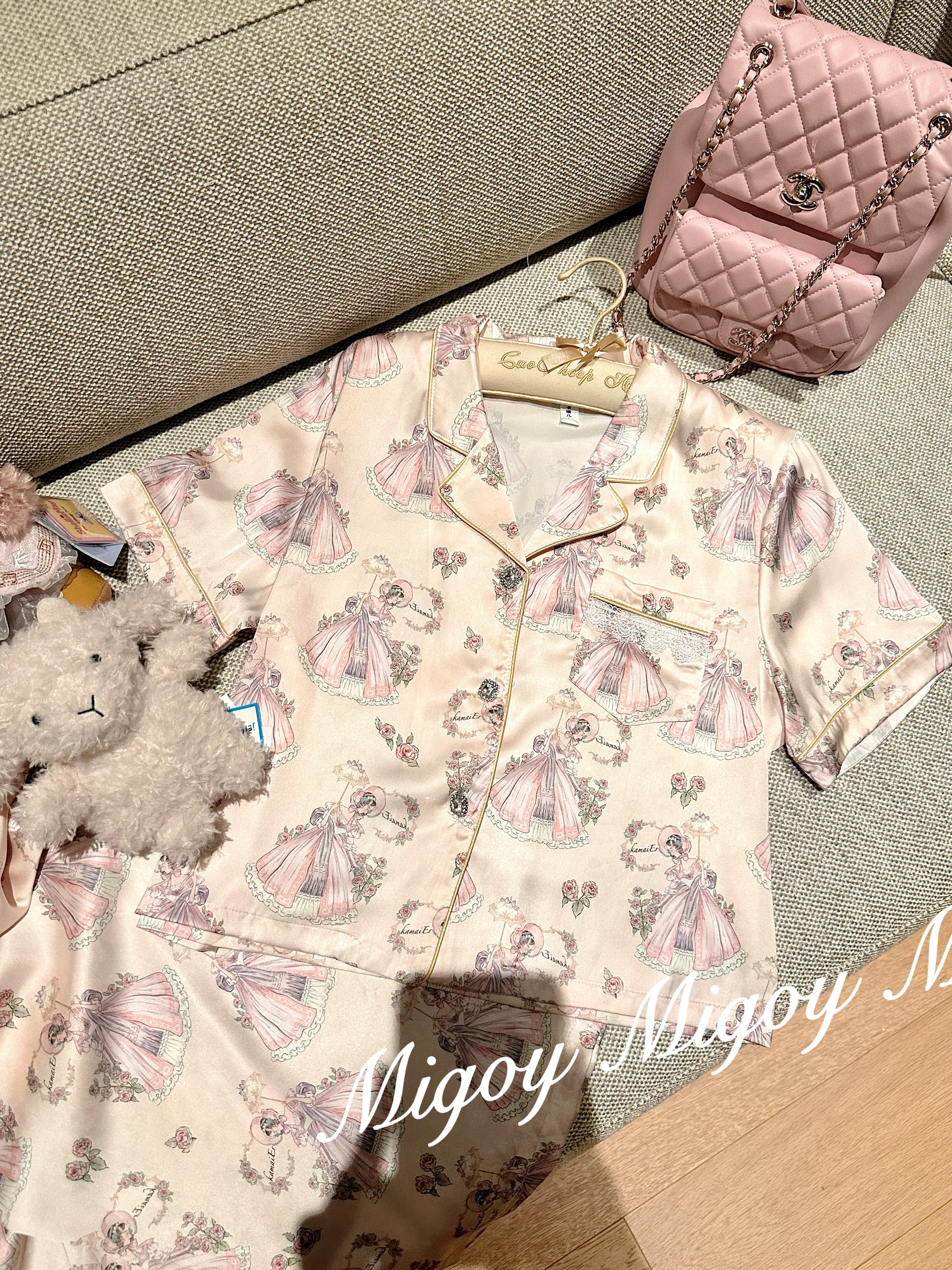 Sweet Ice Silk Short-sleeved Pajamas Spring and Summer High-end Lolita Princess Style Muse Loungewear Set 2025 New