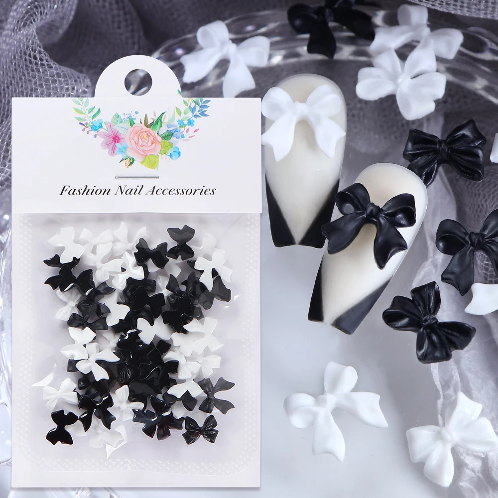 50pcs Black White Ribbon Nail Charms Butterfly Tie Bow Design Bowknot Nails Art Decoration Accessories DIY Manicure Luxury Parts