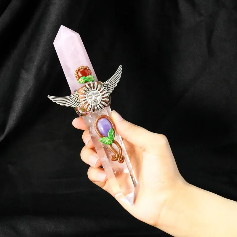 19cm Natural White Pink Crystal Quartz Double Pointed Herkimer Diamond Wand Sceptre Sun Goddess Wings Wiccan Reiki Energy Props