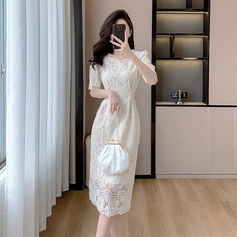 Ele Mid-Length ort-Sve Embroidered Lace Dr Waist-Cinching Girl's Dr Commute Sle Polyester Fiber Summer Dr