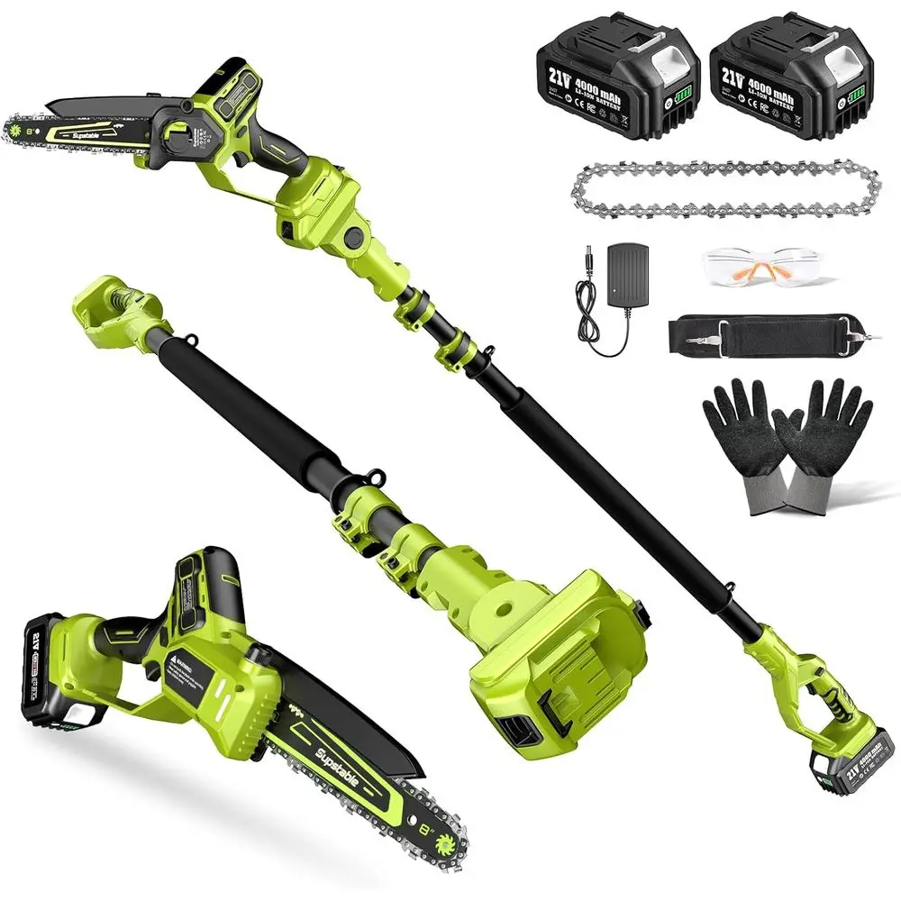 

Electric Pole Saws or Tree Trimming, 8 Inch & 6 Inch Mini Chainsaw Cordlwith Extension Pole, 16t Reach, 2x4.0Ah Battery, Auto Oi