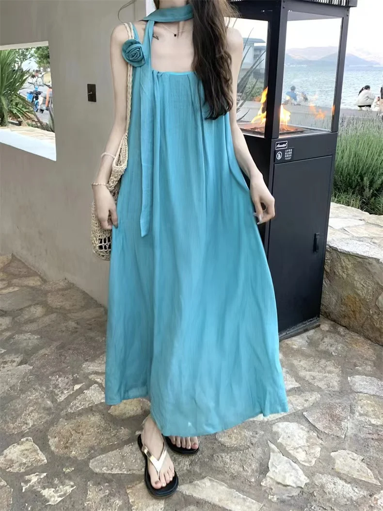 

2024 New Fashion Lacing Long Dresses Sleeveless Women's Clothing Ladies Elegant Temperament Dress Summer Vacation Party Dress