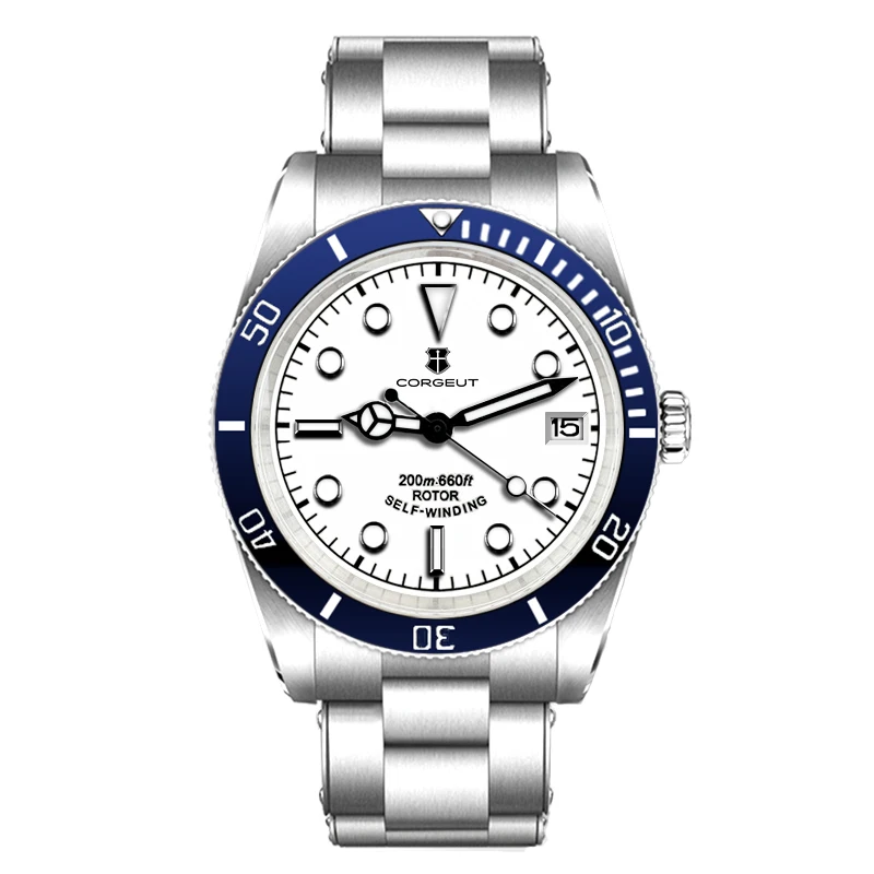 39mm Corgeut Sterile Steel NH35A Skyblue White Dial Men Watch Sapphire Crystal  Ceramics Bezel Automatic Wristwatch