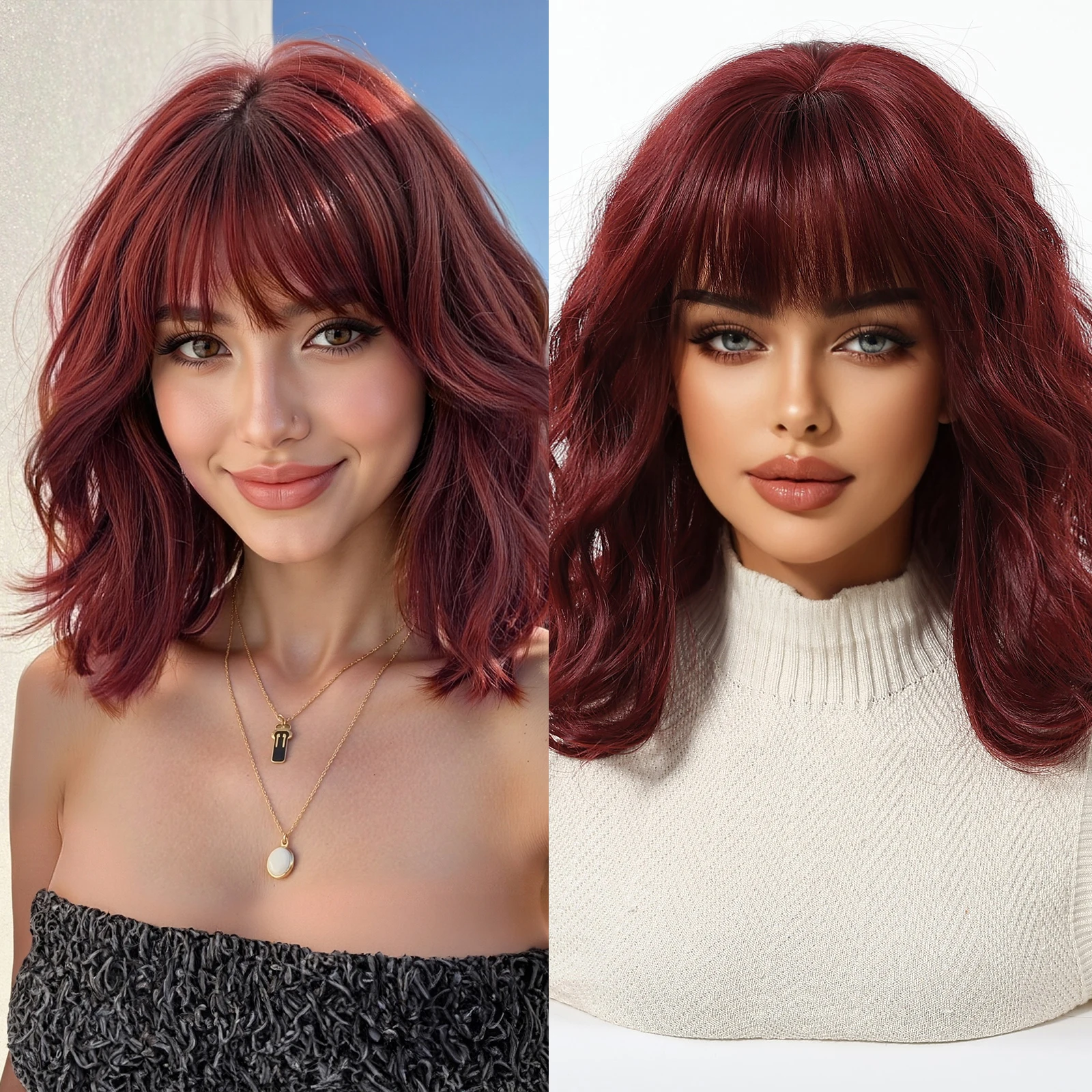 

HENRY MARGU Dark Red Bob Synthetic Wig with Bangs Short Body Wavy Fake Hair for Women Daily Lolita Brown Wigs Heat Resistant