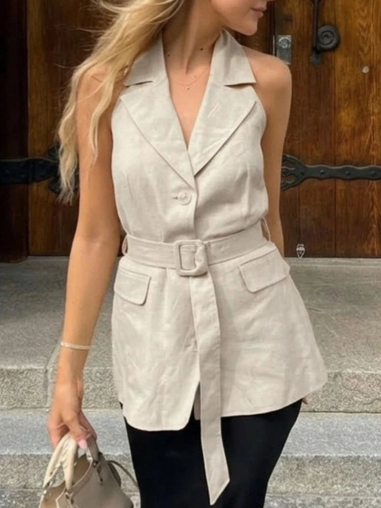Summer New Casual Belt Women Blazer Fashion Lapel Single Breasted Sleeveless Female Top Solid Pleated Lady Streetwear