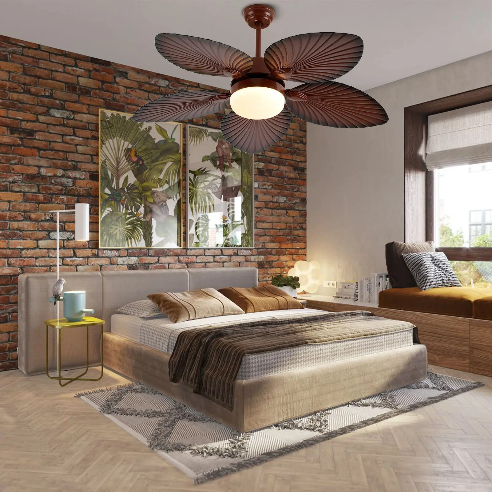 52" Tropical Ceiling Fan Five Palm Leaf Blades with Remote Control Coffee Brown for Patio Living Room