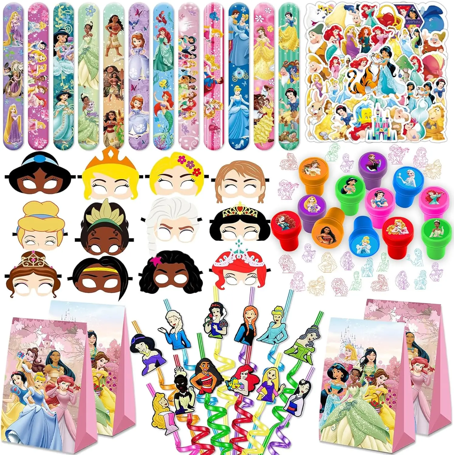 Princess Party Favor Supplies Reusable Drinking straws Masks Slap Bracelets Bag Princess Stickers Gifts for Kids Birthday Suplie