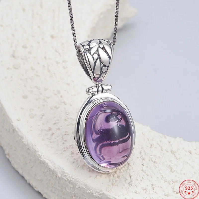 

Подвеска из стерлингового серебра 925 пробы для женщин и мужчин, резьба полый узор, инкрустированный натуральным аметистом, кабошон, очаровательные ювелирные изделия, оптовая продажа