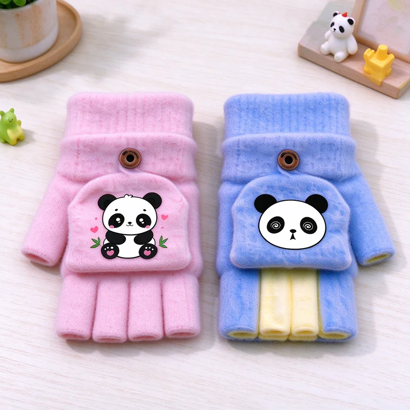 Women Plush Warm Glove Lovely Panda Mittens Flip Fingerless Glove Soft Boys Girls Thick Gloves Flexible Half Finger Winter