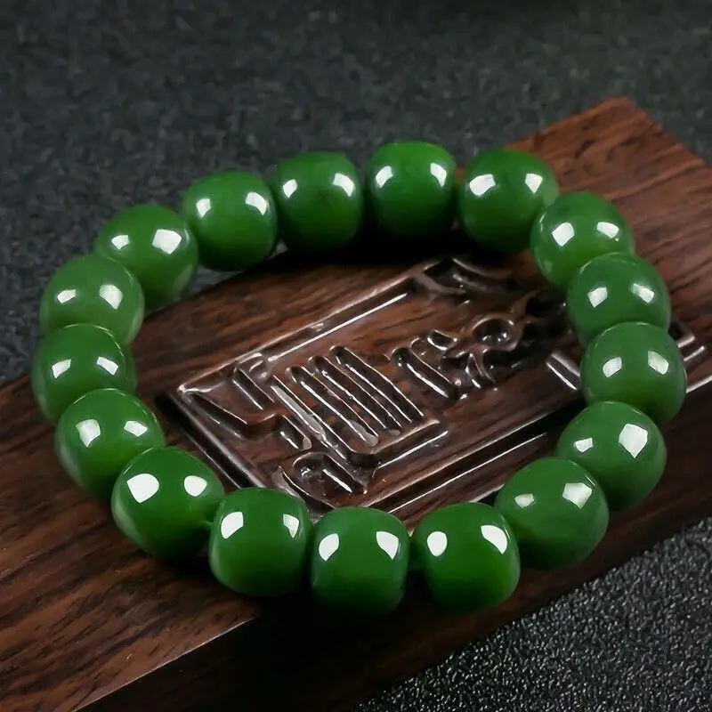 Natural Hetian old-style jade spinach green barrel-shaped beads unisex jewelry and gemstone bracelet