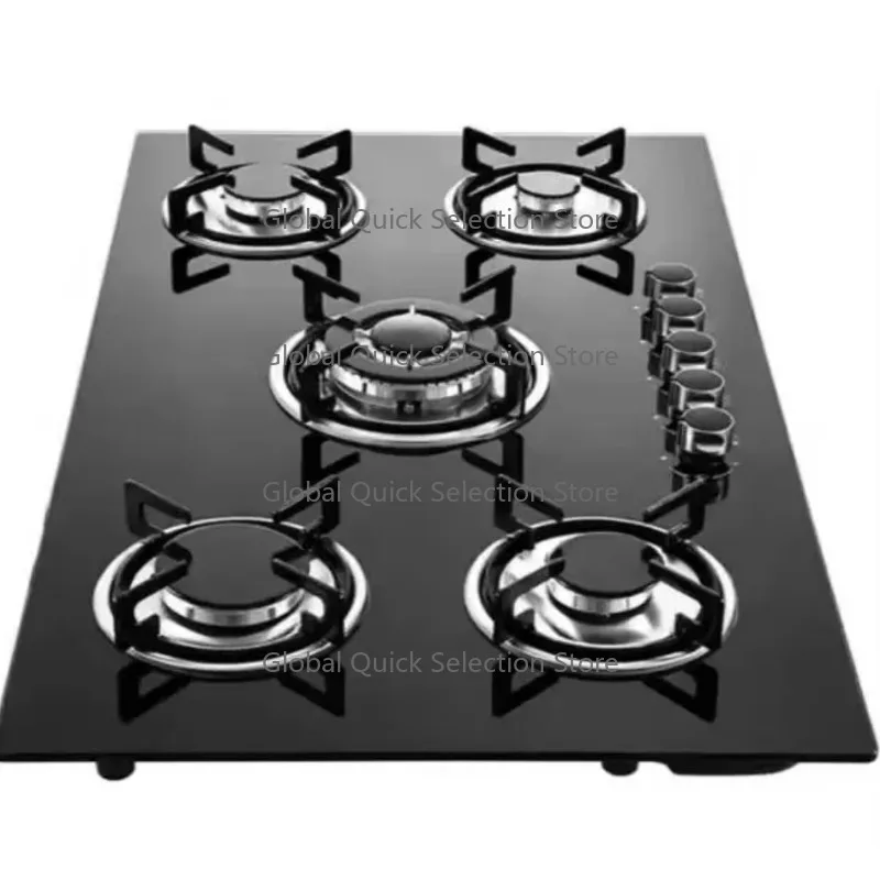Household Embedded G-as Stove Five Tempered Glass Burners Iron Construction CE Certified Electronic Pulse Ignition