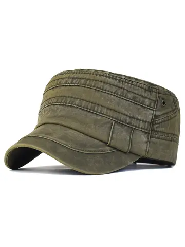 Casual Washed Cotton Flat Top Hat Adjustable Military Caps Men Women Unique Design Vintage Four Seasons