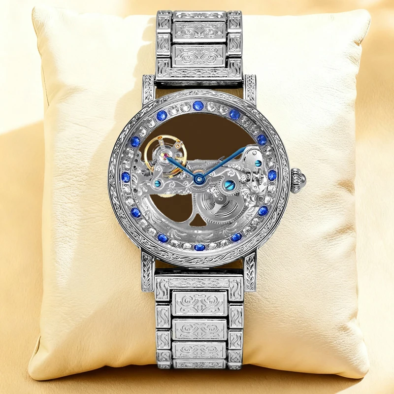 

Мужские серебряные стальные полоски в минималистском стиле для вечеринок в стиле ретро с резным турбийоном, полностью автоматические механические часы