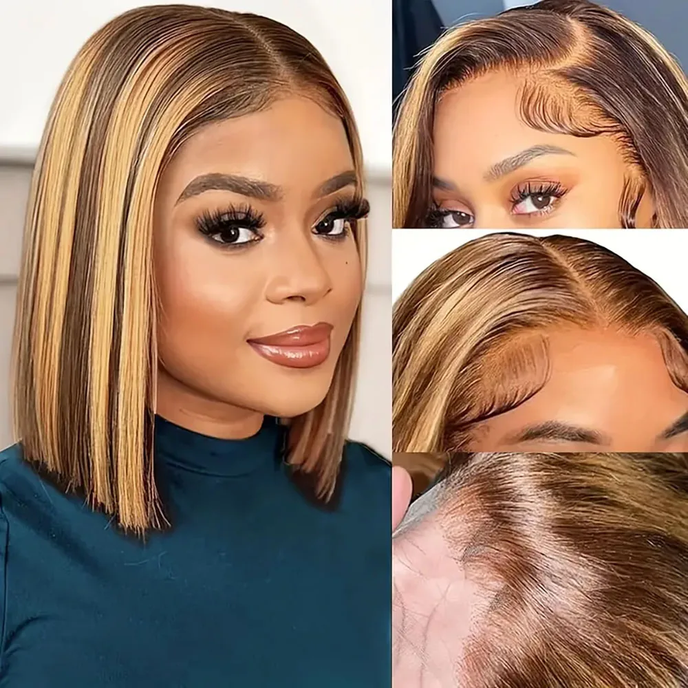 200 Dichte 4/27 Highlight Bob Perücken Glattes Echthaar 13x4 Transparente Lace Front Perücken für Frauen