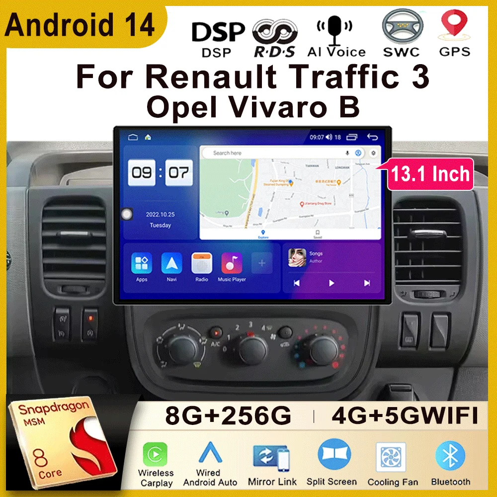 13.1 Inch Screen Android 14 For Renault Traffic 3 2014 - 2021 Opel Vivaro B 2014 - 2018 Car Radio Multimedia Player GPS Navi