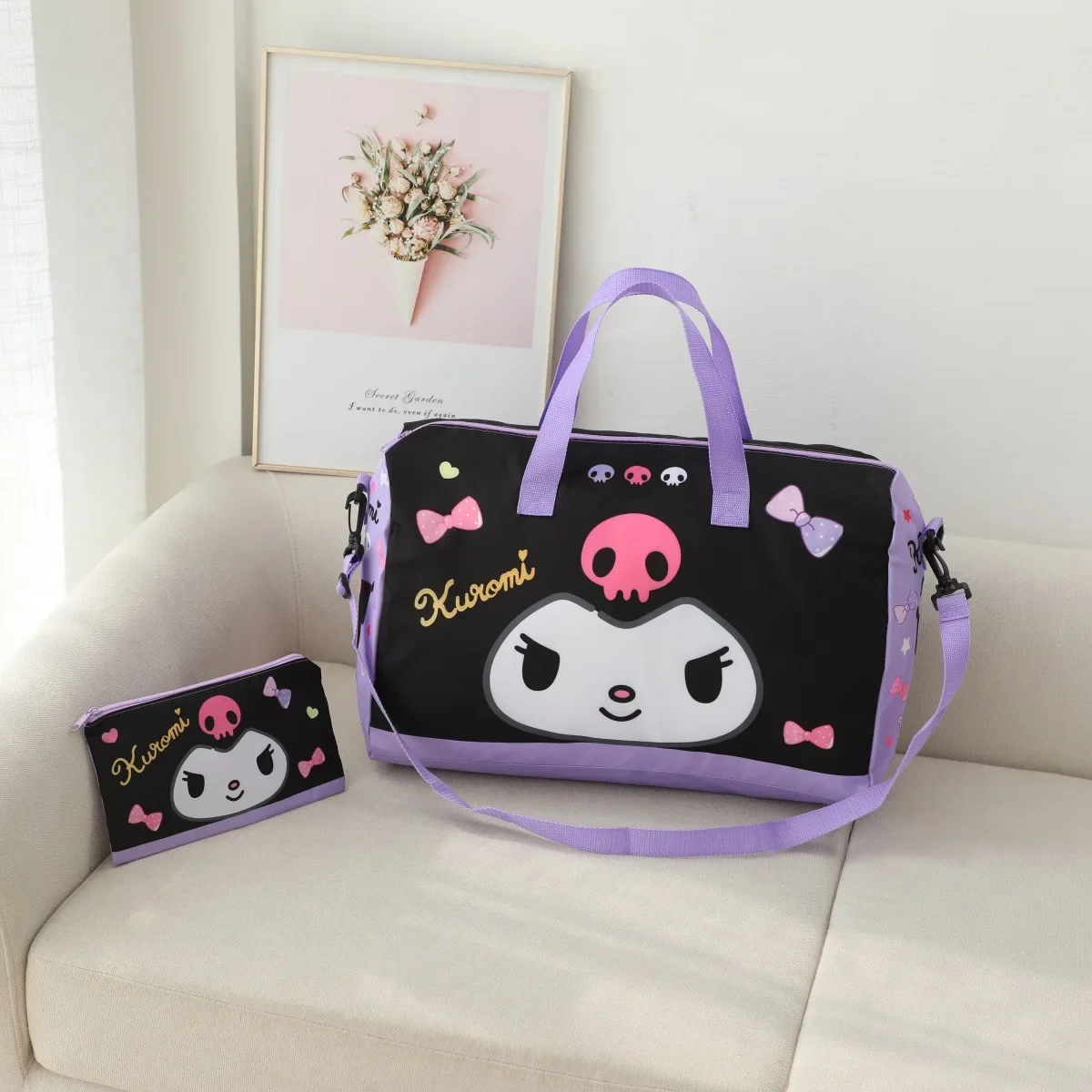 

Sanrio Kuromi Large Capacity Travel Duffel Bag Ultralight Portable Foldable Luggage with Cinnamoroll Hello Kitty My Melody