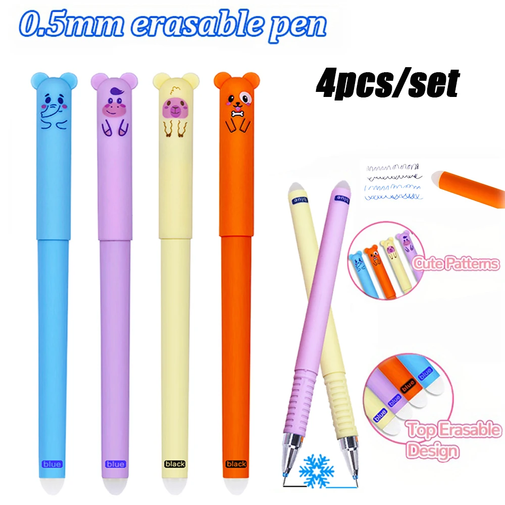 

4Pcs/set Cute Animal Bear Erasable Gel Pen, 0.5mm Tip Washable Handle Magic Filler, For School Writing Stationery Supplies