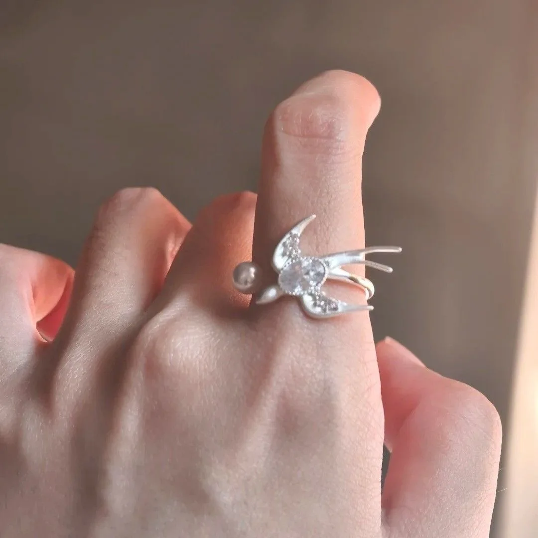 925 Sterling Silver Rings For Women Simple Vintage Fly Bird Adjustable Finger Geometric Ring Fashion Band Female Bijoux Gift