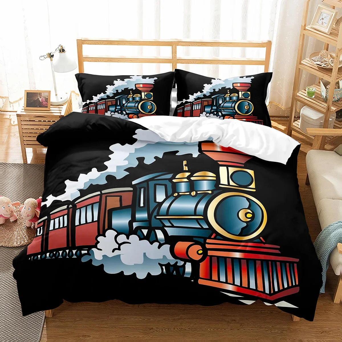 Cartoon Train Duvet Cover Set Double Single King Size Polyester Comforter Cover Transport Car Pattern Quilt Cover Bedding Set