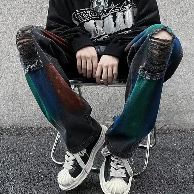 Men Clothing New Color Graffiti Hole Jeans Men's Fashion Personality American High Street Straight Loose Wide-legged Long Pants