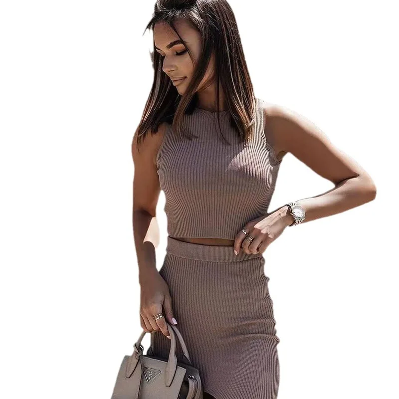 レディース服 2025 夏新作 ベストとショートスカートセット 無地 スリムフィット 人気 スリットスカート ツーピースセット