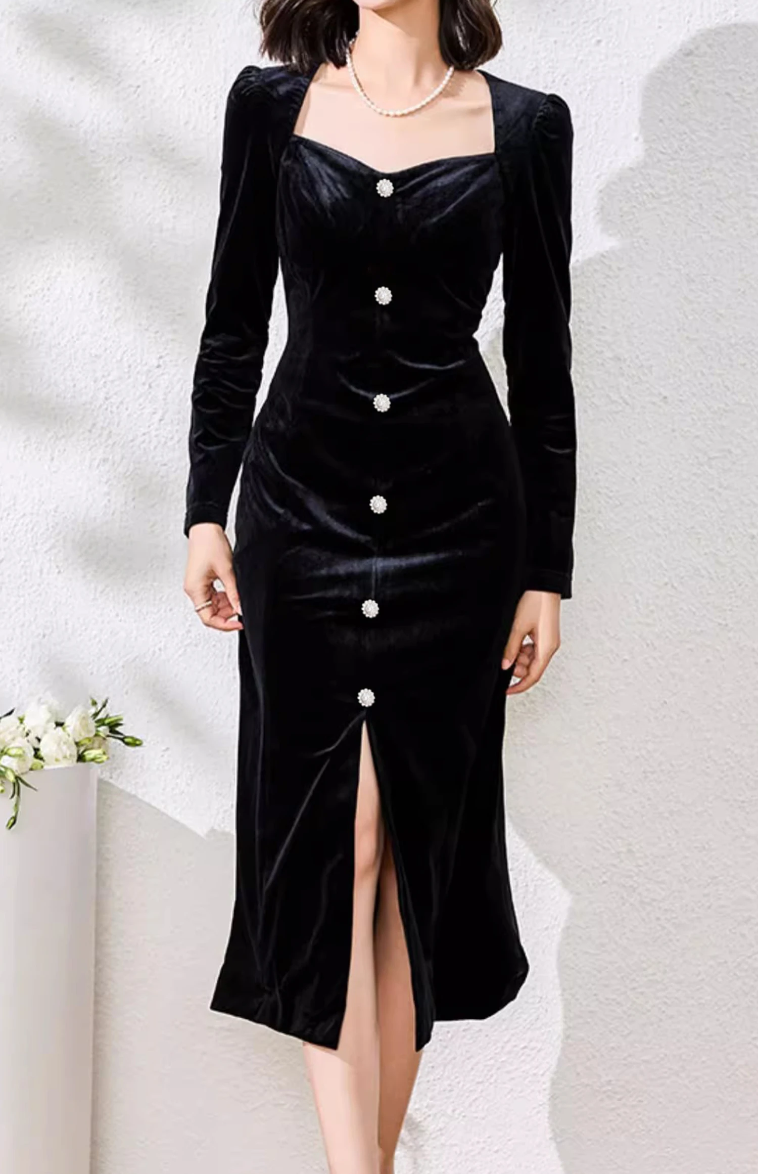 

Винтажное черное бархатное платье, женское однобортное элегантное облегающее платье с квадратным вырезом и длинными рукавами, женское платье с высокой талией