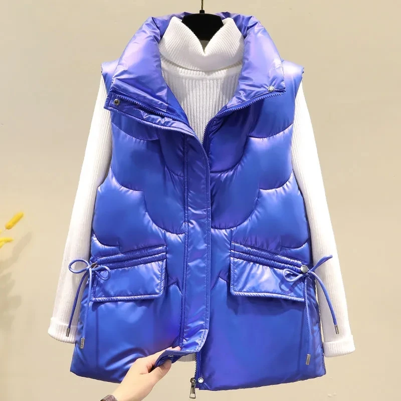 

2022 New Glossy Down cotton Vest Women's Autumn Winter Loose Korean Sleeveless Waistcoat Short Coat Warm Thicken Parkas Outwear