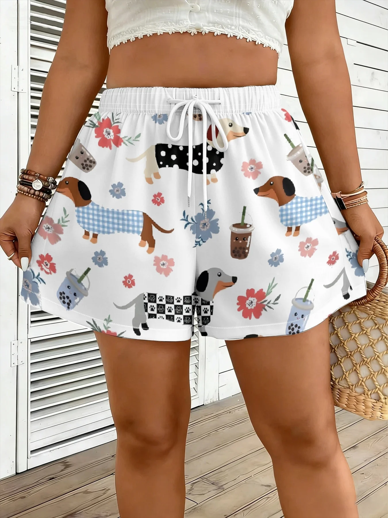 Summer women's short pants with sausage dog print breathable casual cute and versatile suitable for street wear