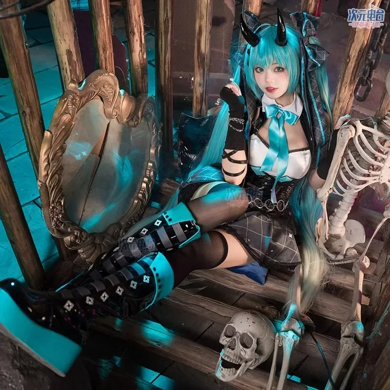 Kostum Cosplay Anime Demon Miku wanita gaun seksi setelan sayap seragam setan Lucu Miku dengan ekor pakaian pesta karnaval Halloween