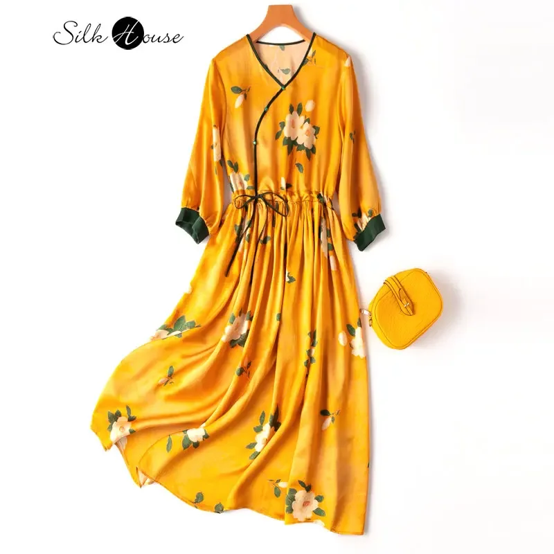 

20MM Silk Stretch Satin New Chinese Style Diagonal V-neck Three-quarter Sleeve Large Swing Women's Fashion Dress