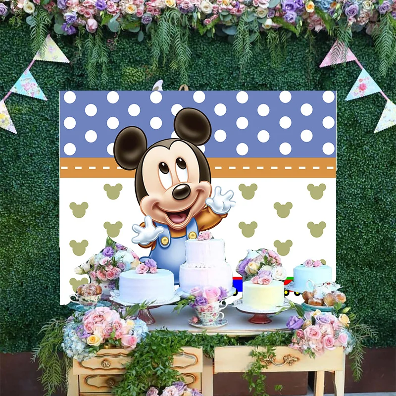 

Cartoon Disney Newborn Mickey Mouse White Dots Blue Photography Backdrop Decoration Baby Girl Happy Birthday Party Background