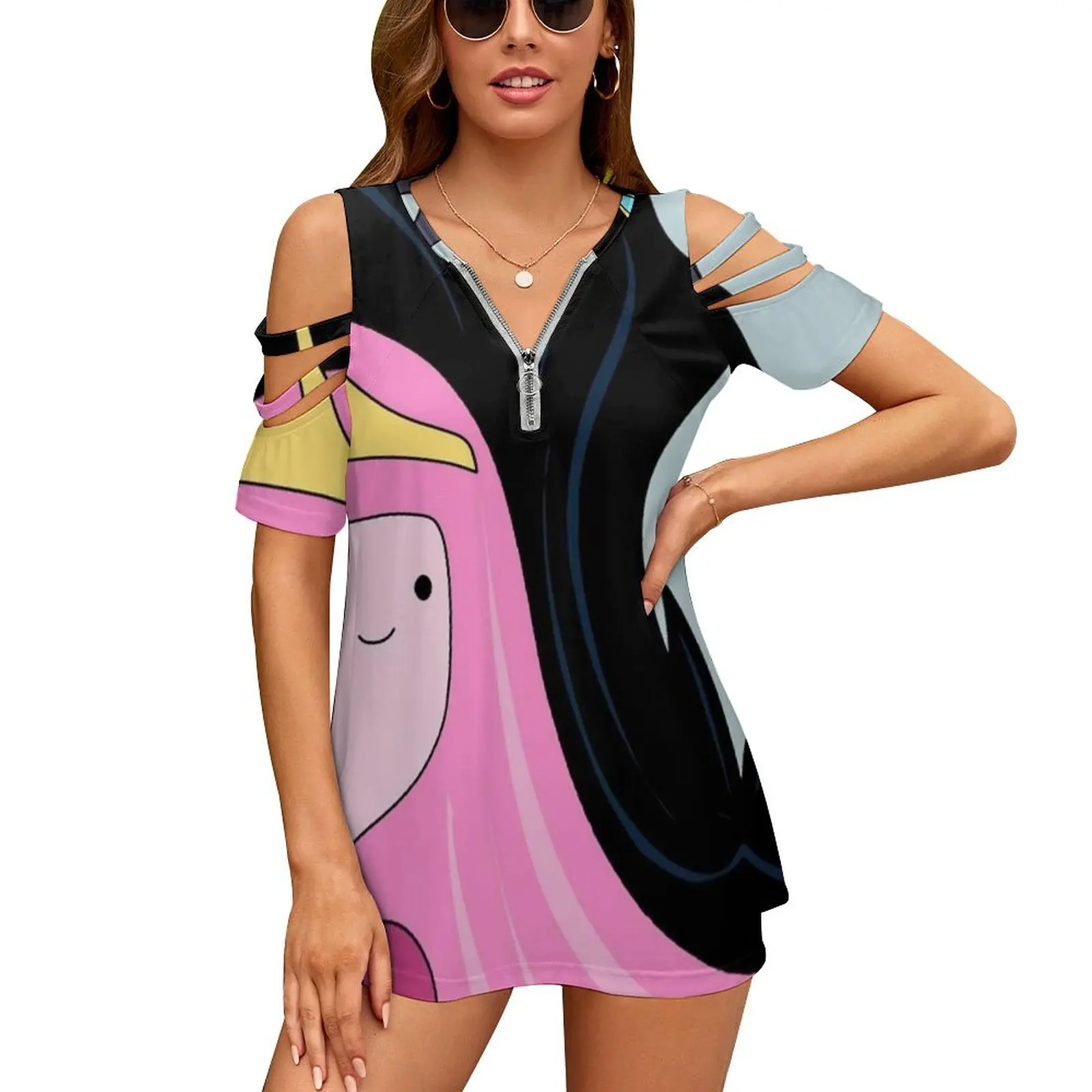 Princess Bubblegum And Marceline New Fashion Zip Off Shoulder Top Short-Sleeve Women Shirt Princess Bubblegum And Marceline