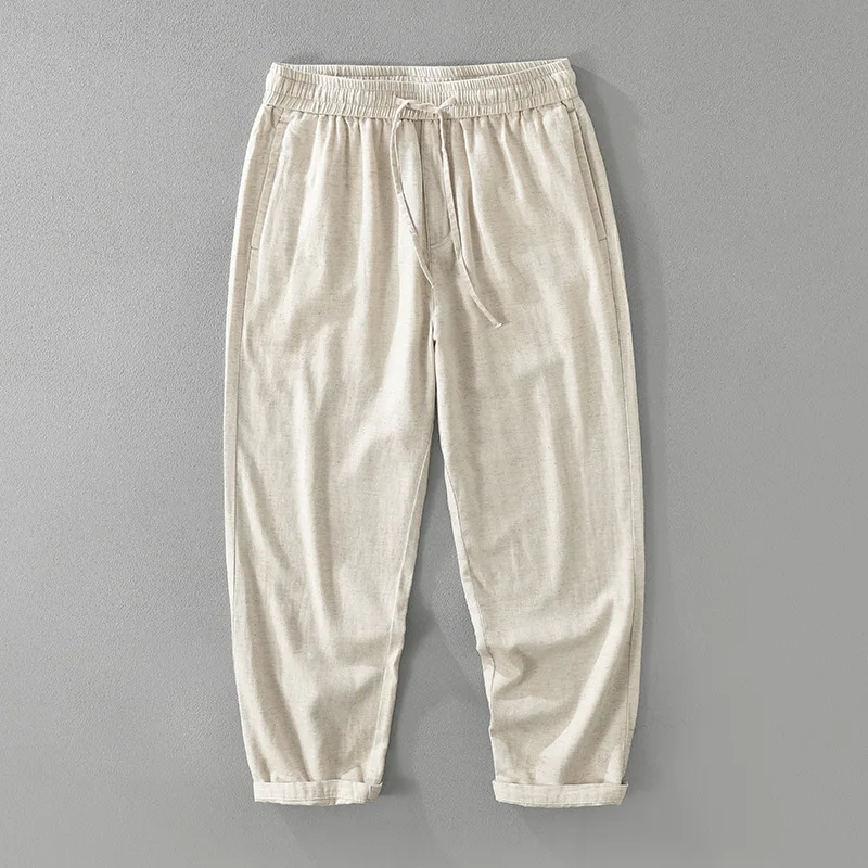 Men's Japanese-style casual drawstring cotton-linen pants, loose thin style, elastic waist, straight-leg trousers
