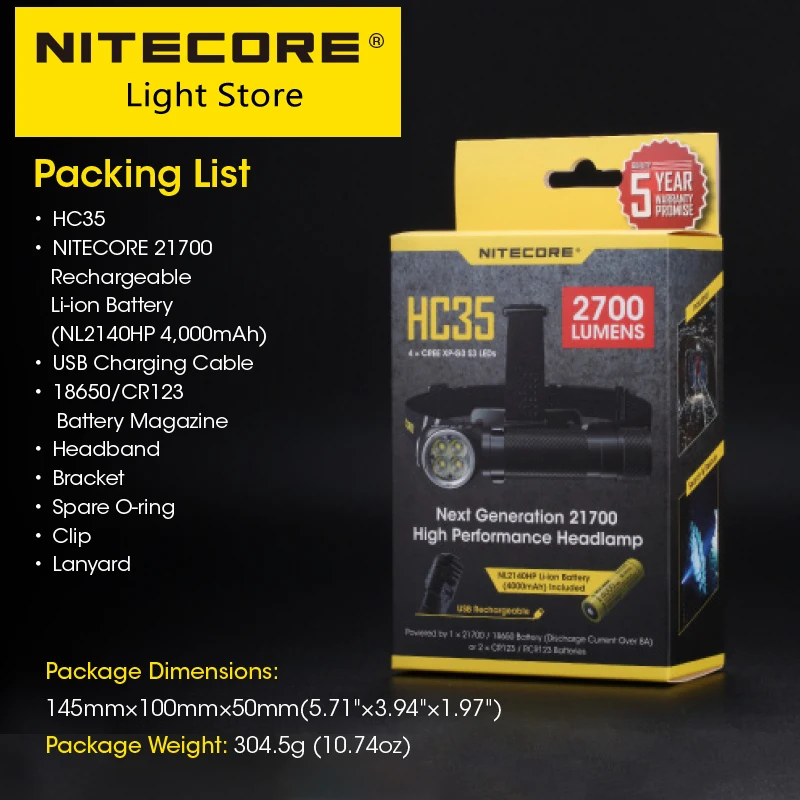 

NITECORE HC35 USB Rechargeable Flashlight L-shpe Headlamp 2700 Lumens Metal Magnetic Headlight Searchlight 21700 4000mAh Battery