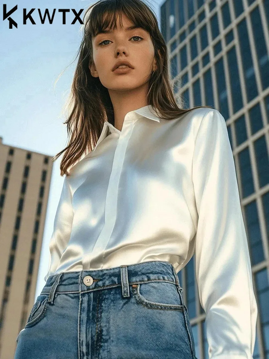

Женская блузка из шелковистого атласа KT, весна-лето 2026, с длинным рукавом, на пуговицах, с воротником, для офиса и торжественных мероприятий