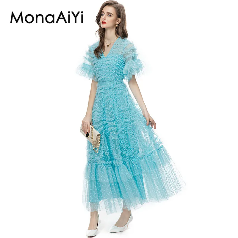 MonaAiYi Runway Fashion Designer Dress Women's High Street V-Neck Ruffles Sleeves Cascade Fungus Selvedge Sky Blue Long Dresses