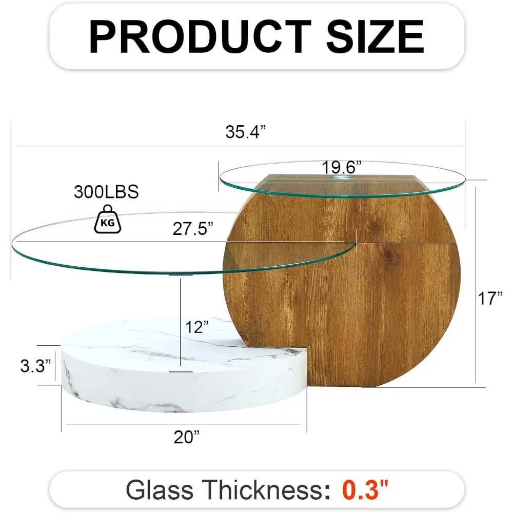 Round 3-Tier Glass Coffee Table with Modern Storage - Tempered Clear Glass Top and Wooden Base for Contemporary Living