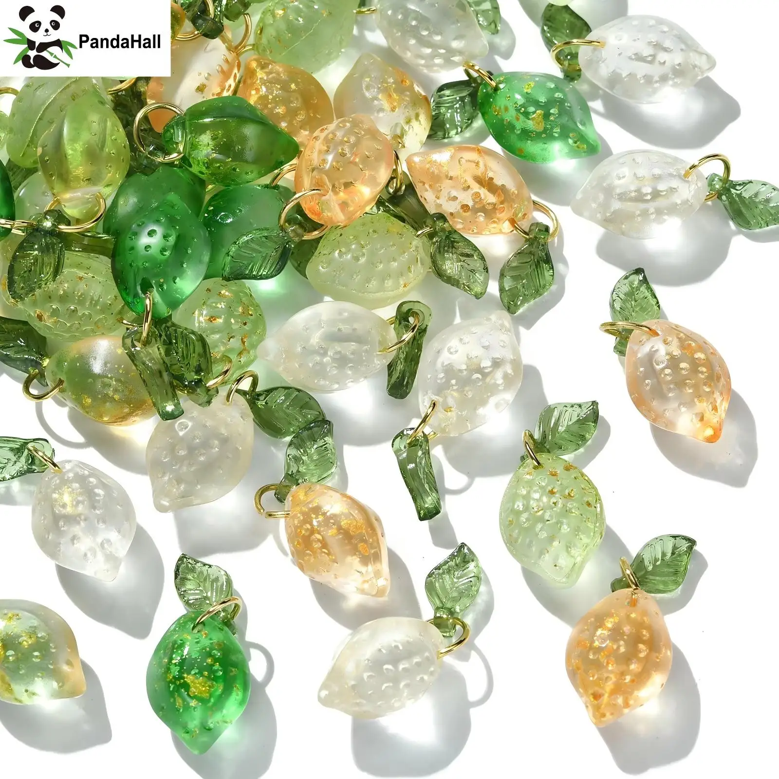 Pandahall 50Pcs 5 Colors Lampwork Fruit Charms Glass Crystal Lemon Charms Imitation Food Dangle Pendant for Jewelry Making