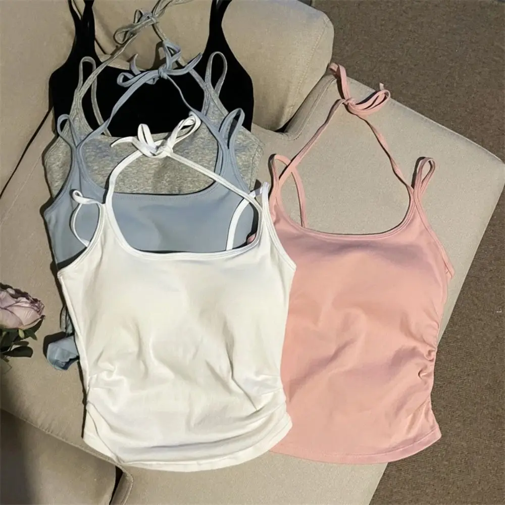 Top camisero sin mangas con lazo en la espalda, estilo lencero ajustado con copas acolchadas para mujer
