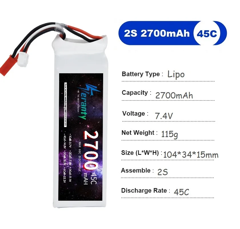 TERANTY 7.4v 2700mAh LiPo Battery 45C For RC Quadcopter Helicopter Car Boat Drones Spare Parts 7.4V 2S Battery T JST XT30 XT60