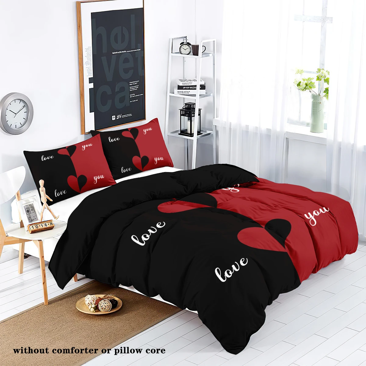 3 pieces of down set red and black love (1 down duvet cover+2 pillowcases, no core) couple bedroom room bedding