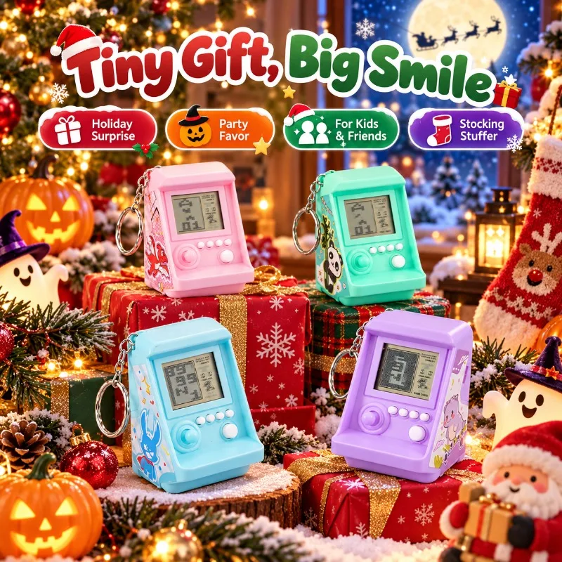 Mini Handheld Tetris Game Console Keychain Creative Electronic Arcade-Style Gaming Gadget Pendant