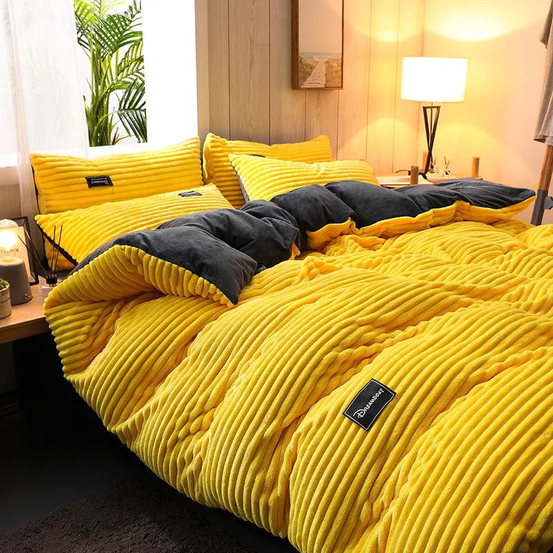 Winter Thick Velvet Duvet Cover Solid Color Warmth Bedding Pillowcase Comforter Set Double Soft Quilt King Cover Bedroom Stuff