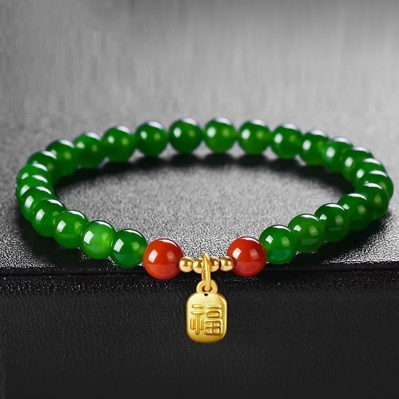 Natural Green Jade Beads Bracelet Jadeite Jewelry Fashion Charm Accessories Hand-Carved Lucky Amulet Gifts for Women Her Men