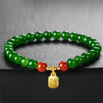 Bracelet de perles de Jade vert naturel, bijoux en jadéite, accessoires de charme à la mode, amulette porte-bonheur sculptée à la main, cadeaux pour femmes et hommes