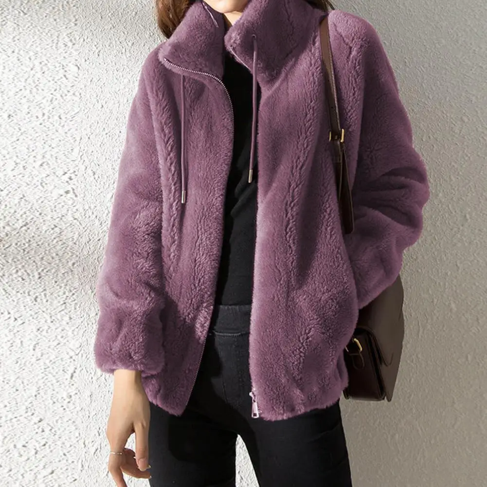 Fluffy Stand Collar Jacket Women Winter Jacket Zip Up Fuzzy Coat Thermal Drawstring Ladies Warm Outwear Casual Coats Jackets