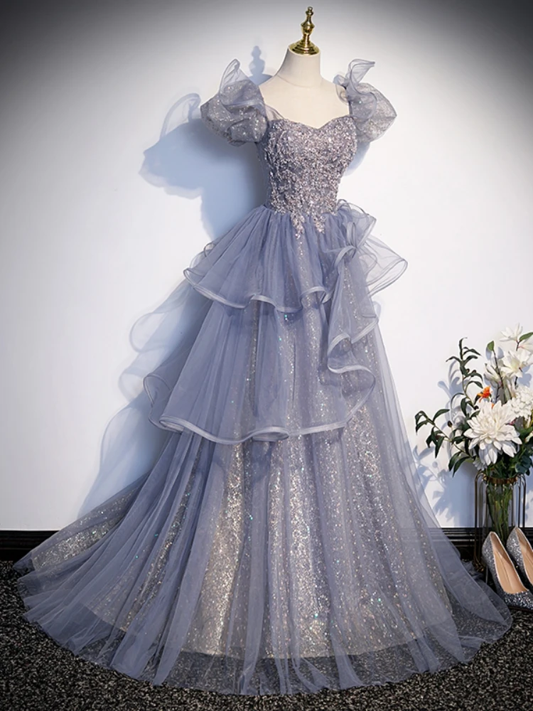 

Petal Sleeve Solid Color Graduation Dress For Girls Sequin Bandage Floor-length Quinceanera Gown A-line Formal Occasion Dresses