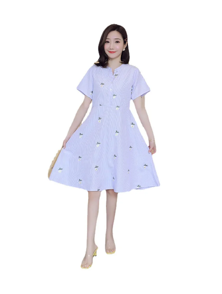 Women Maternity Dresses Pregnancy Dress Summer Fashion Striped Embroidered Plus Size Breastfeeding Dress Clothes
