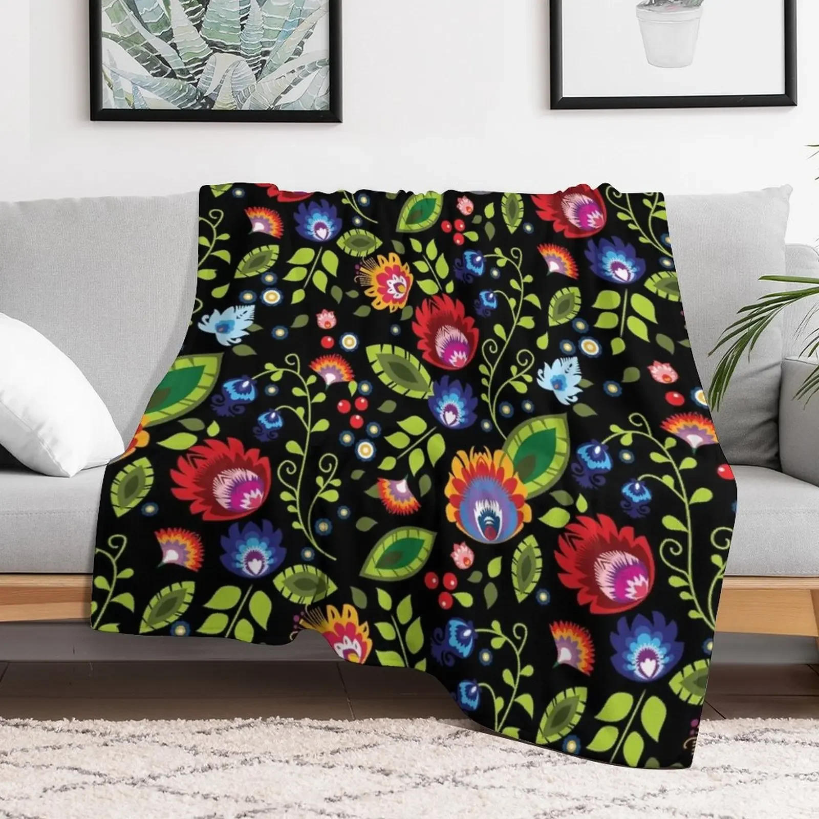 الفولكلور البولندية - تكوين جميل على بطانية رمي سوداء، بطانيات كلاسيكية للأريكة العملاقة الناعمة